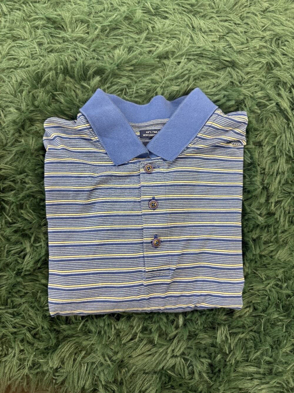 Pebble Beach Men's M Medium Striped Polo Shirt Blue Yellow Mercerized Cotton